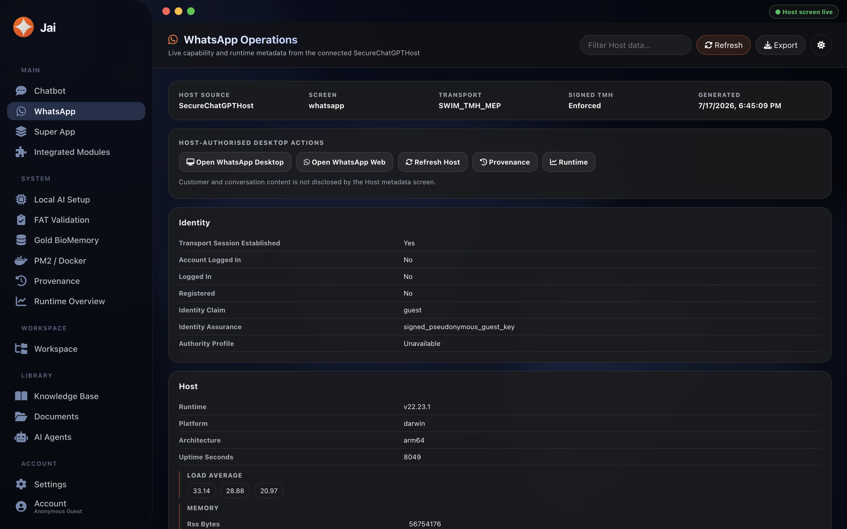 JaiAI WhatsApp Operations surface showing host-authorised operational metadata